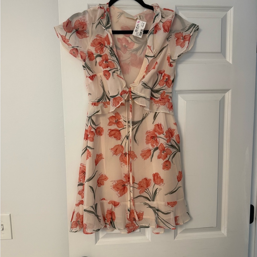 Floral Tie-Front Chiffon Mini Dress - Peach Floral